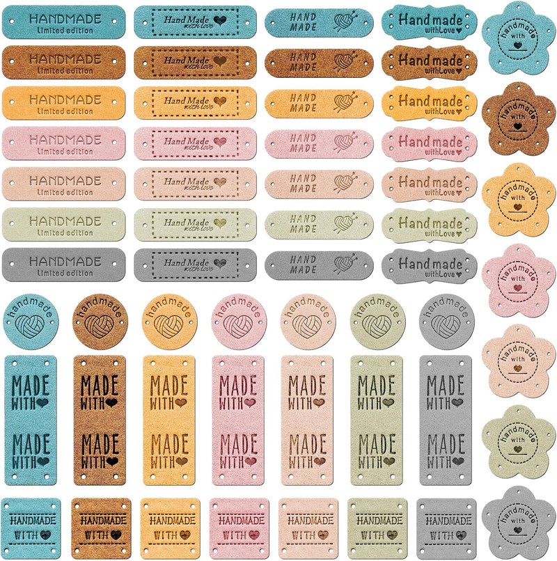Draupnir Handmade Leather Labels, 56 pcs Handmade Leather Labels for Crochet, Artificial Colorful Leather Labels with Love Hearts for Handmade Items Embossed Sew on Tag Crochet Knit DIY Jeans Bags Shoes Hat - Image 1